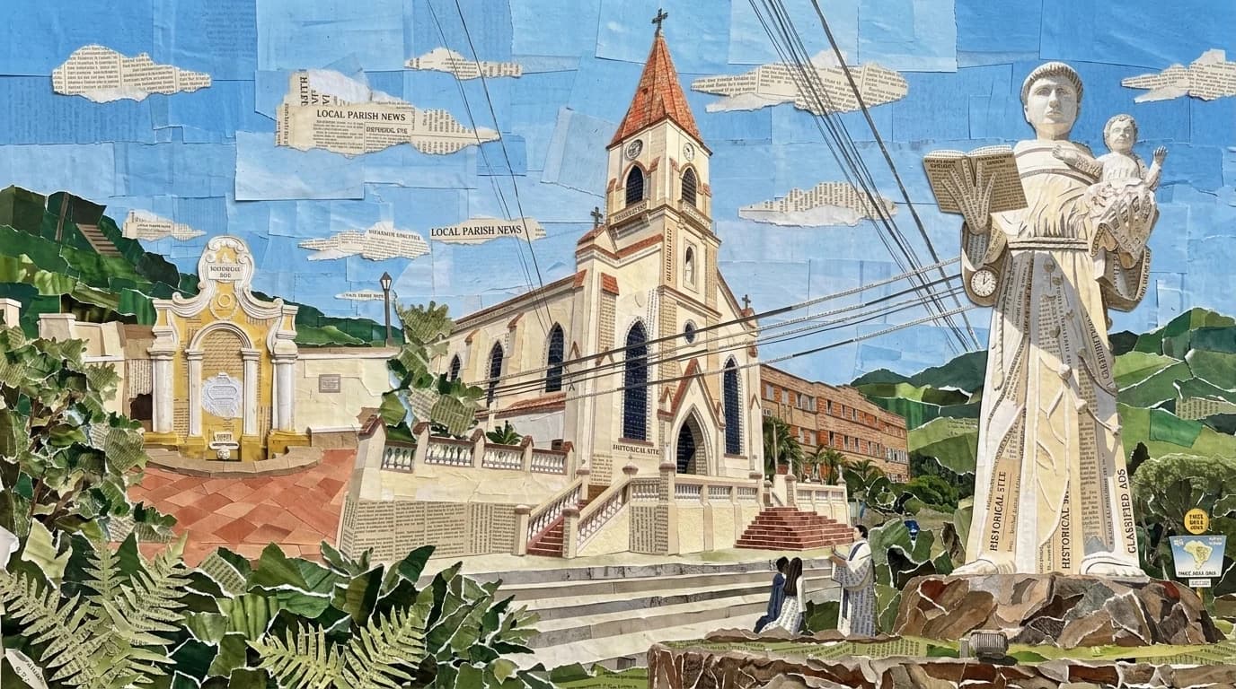 Colagem em papel de jornal com a igreja matriz, o portal histórico e a imagem de Santo Antônio, em Santo Antônio da Patrulha